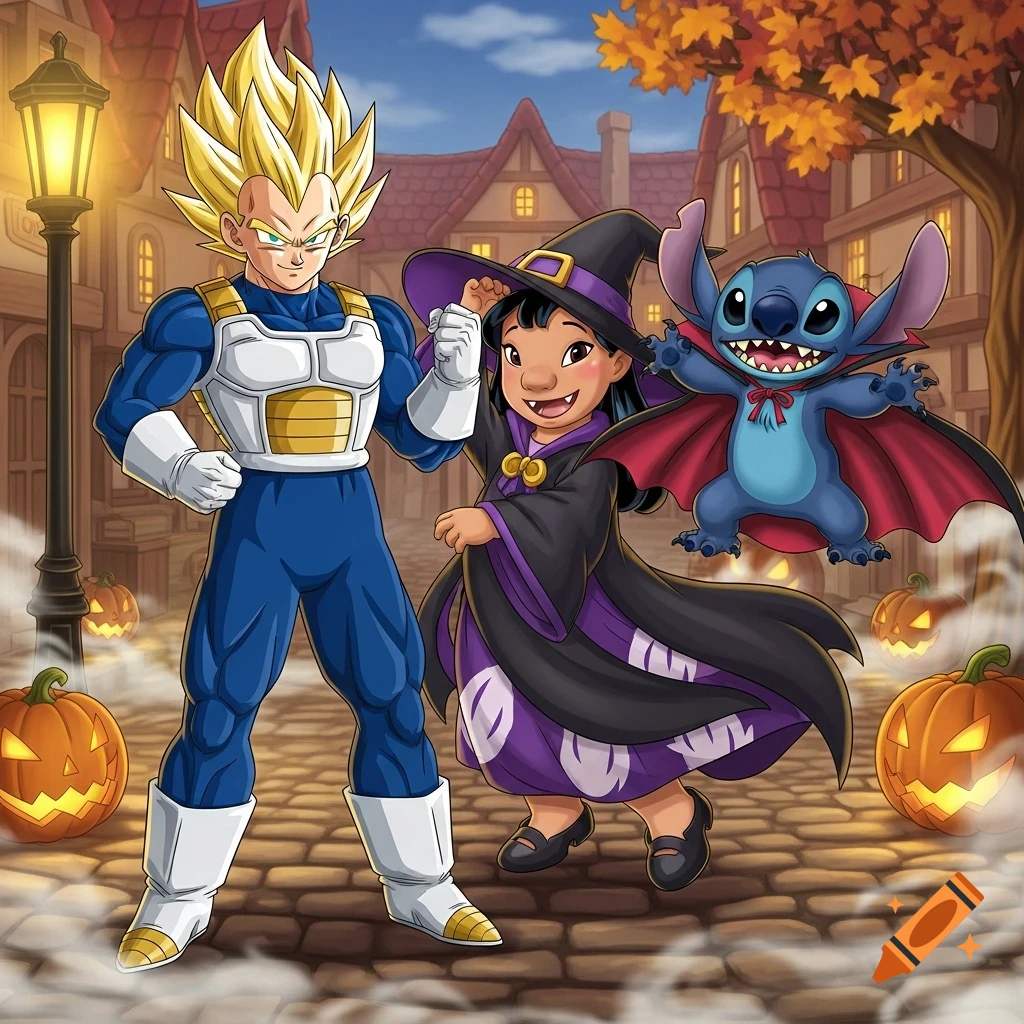 Vegeta in Saiyan armor, Lilo as a witch, and Stitch as a vampire stand on a cobblestone street with jack-o'-lanterns for Halloween.