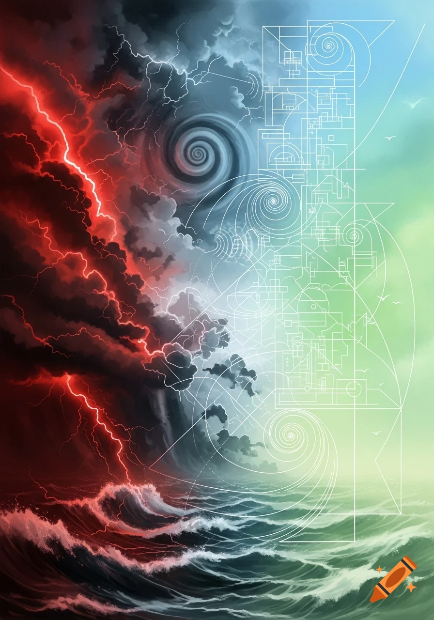 Abstract art: stormy red lightning and ocean waves on the left, contrasting with a calm green sky and geometric patterns on the right.