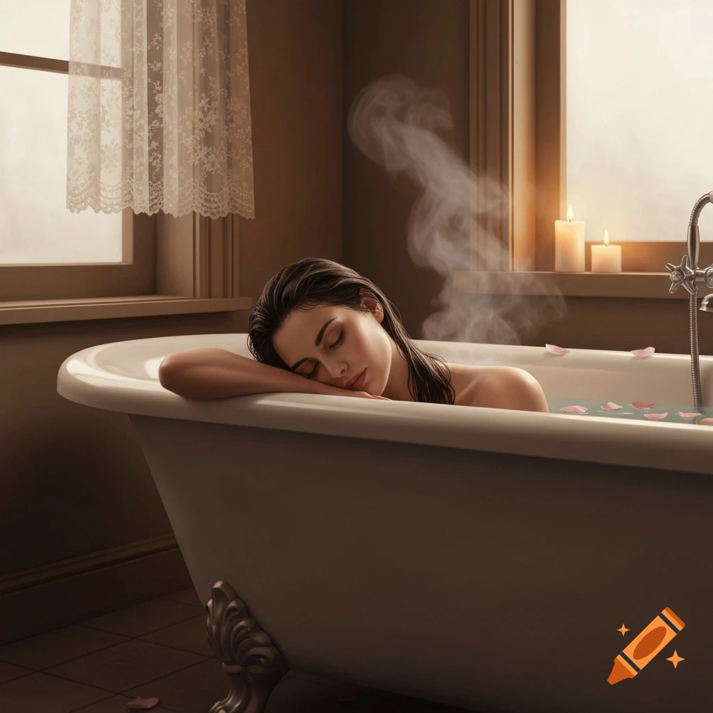 A woman with her eyes closed, relaxing in a steamy bathtub with rose petals in a warm-toned bathroom.
