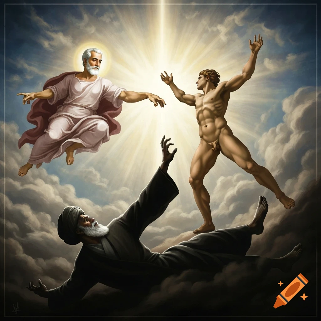 A painting depicting an older man in white robes reaching towards a nude muscular man floating amidst clouds, while a robed figure below reaches up, illuminated by a divine light.
