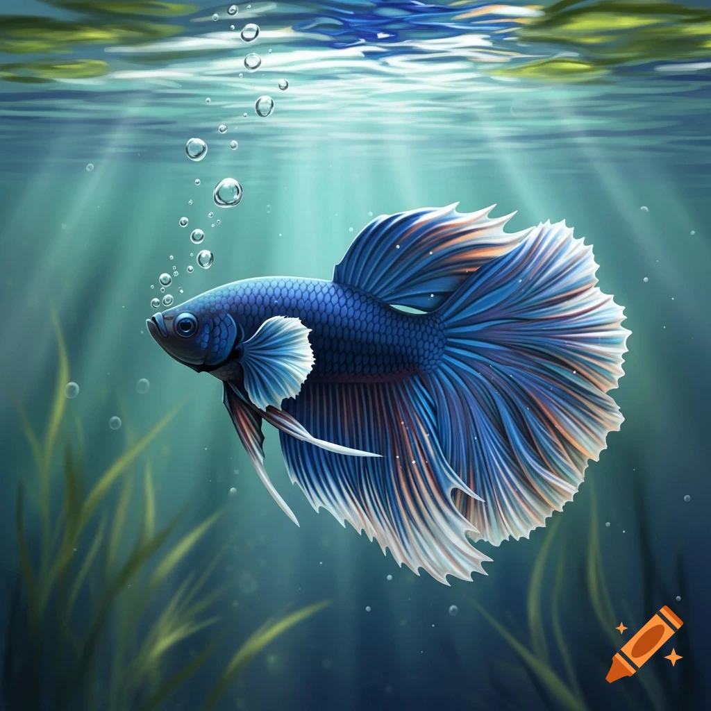 A vibrant blue betta fish with flowing, multicolored fins swims gracefully underwater amidst light rays and bubbles.