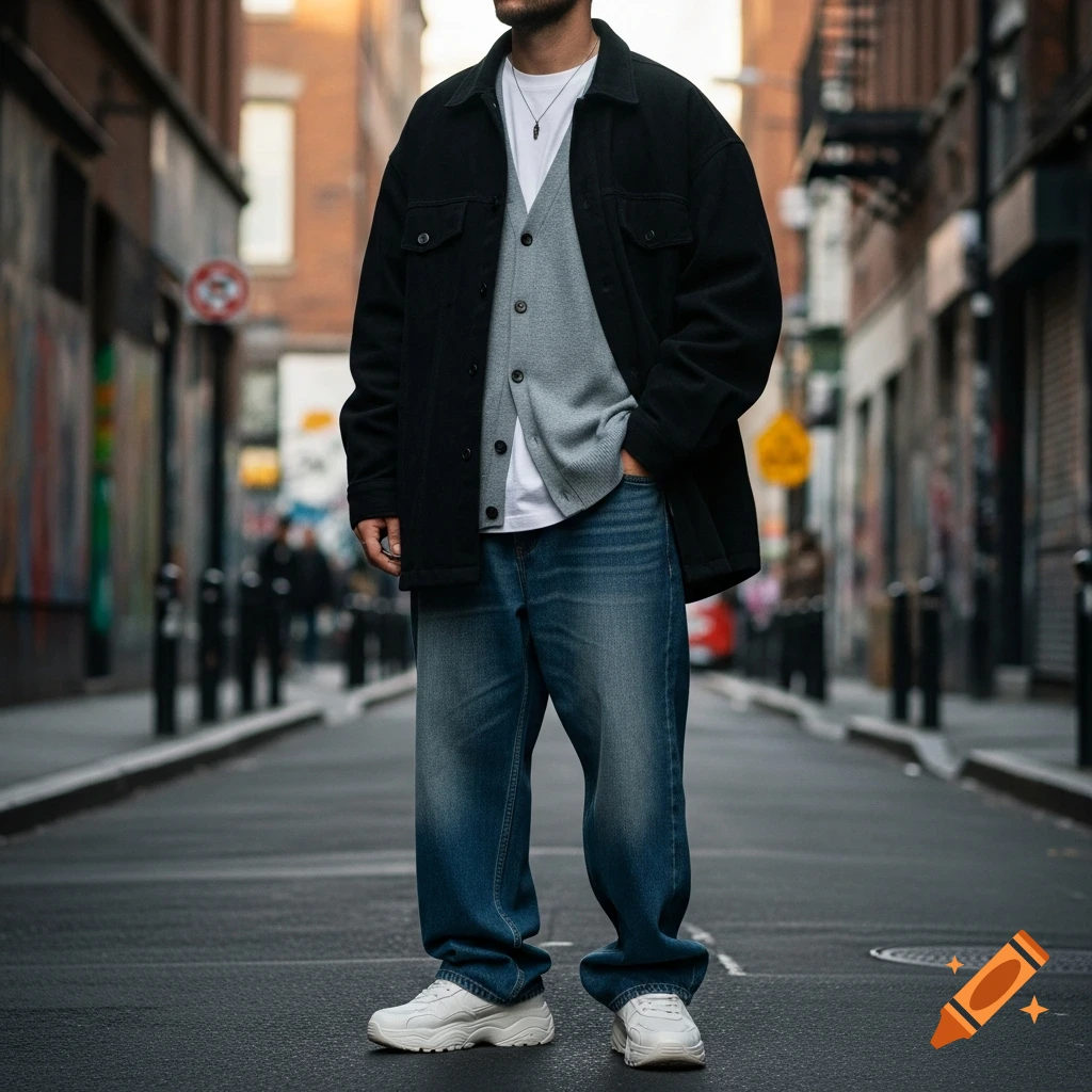 A person stands in an urban alley wearing a black jacket, gray cardigan, white t-shirt, baggy jeans, and chunky sneakers.