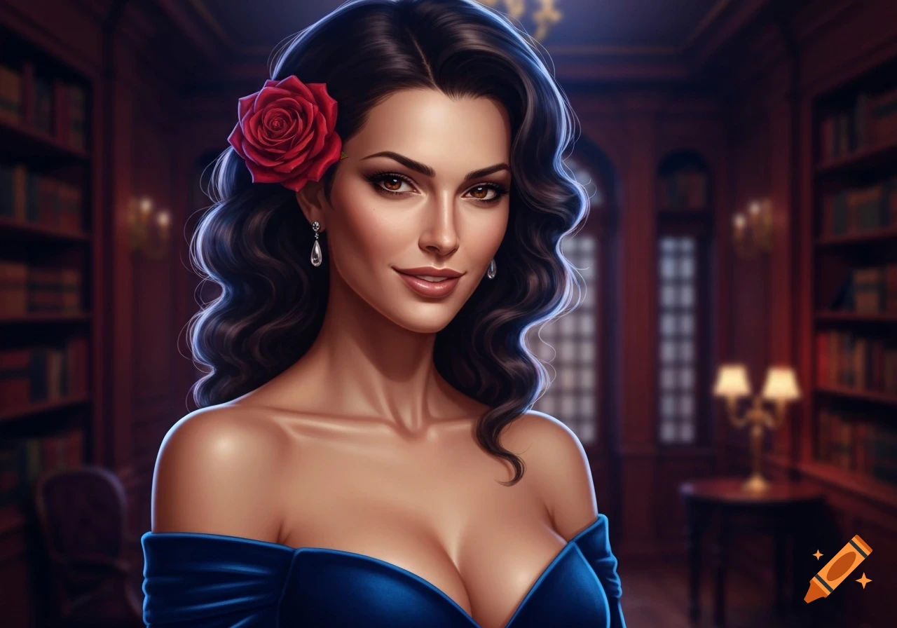A beautiful woman with dark wavy hair and a red rose smiles, wearing a blue off-the-shoulder dress in a dimly lit library.