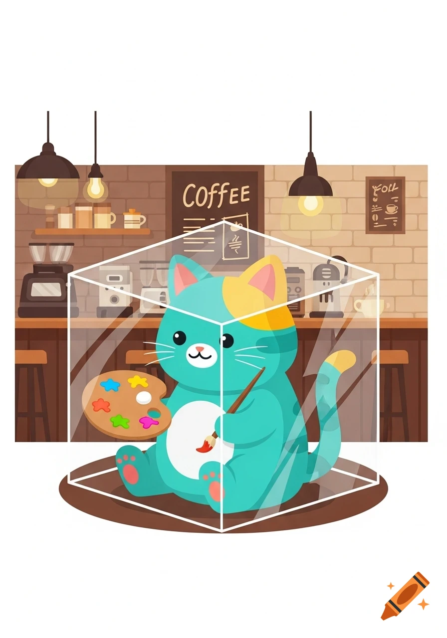 A whimsical cat in a transparent cube holds a painter's palette and brush, set against a cozy coffee shop background in a minimal flat style.
