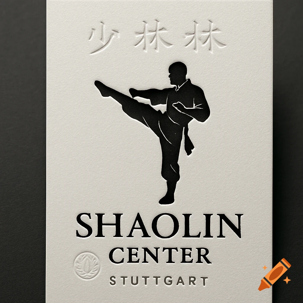 A minimalist white business card design with a black silhouette of a martial artist kicking, embossed Chinese characters, and the text "SHAOLIN CENTER STUTTGART".