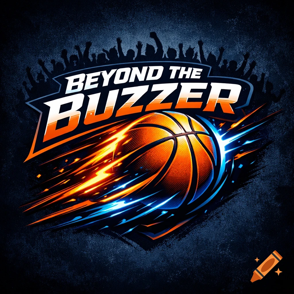 Dynamic basketball logo with a fiery orange ball, blue and orange streaks. Text 'BEYOND THE BUZZER' and cheering fan silhouettes.