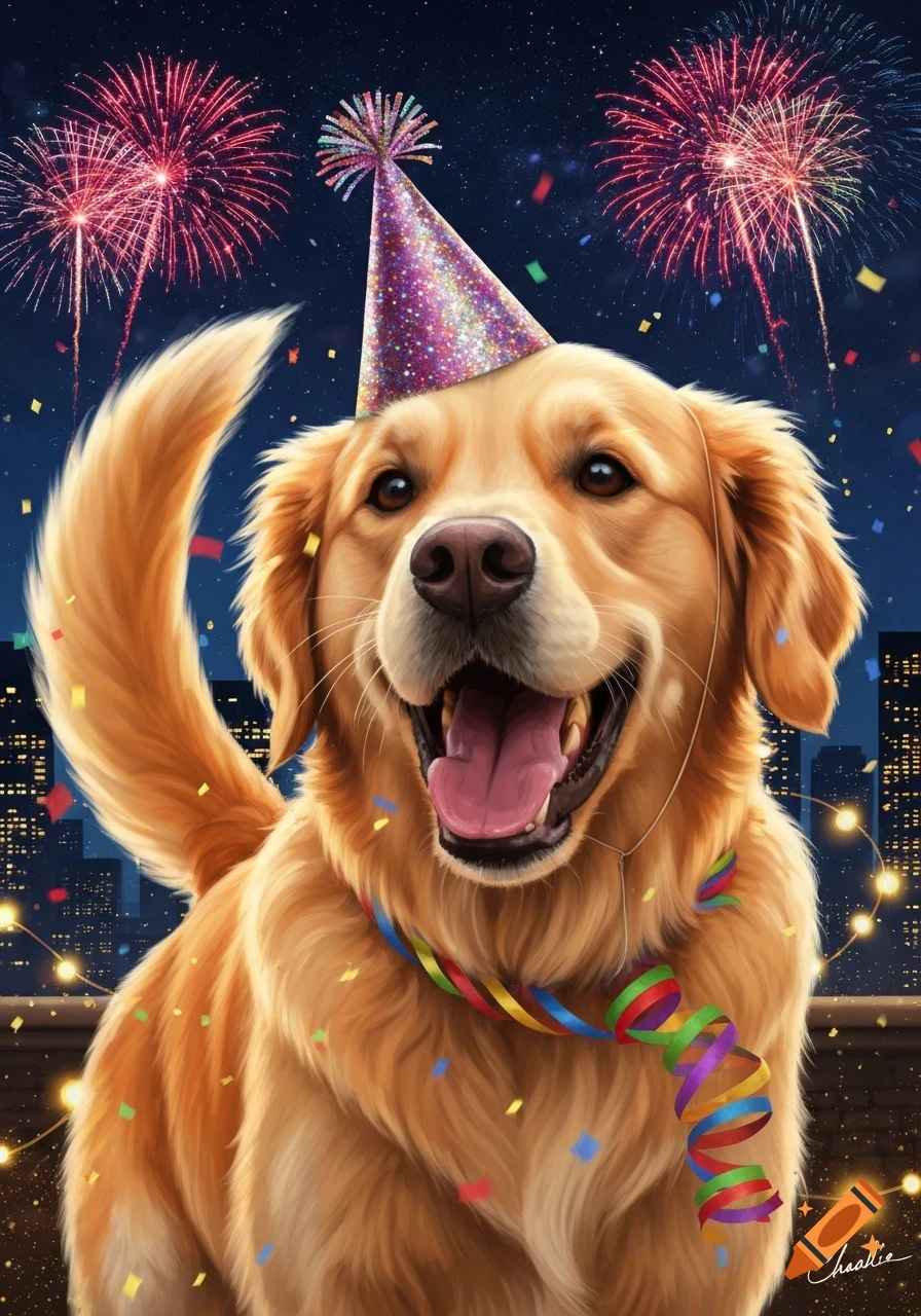 A happy golden retriever wearing a glittery party hat and colorful streamers, with fireworks and a city skyline at night.