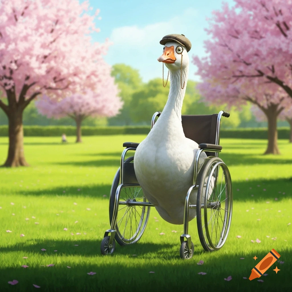 A whimsical goose wearing a flat cap and a monocle sits in a wheelchair in a sunny park with pink cherry blossom trees.
