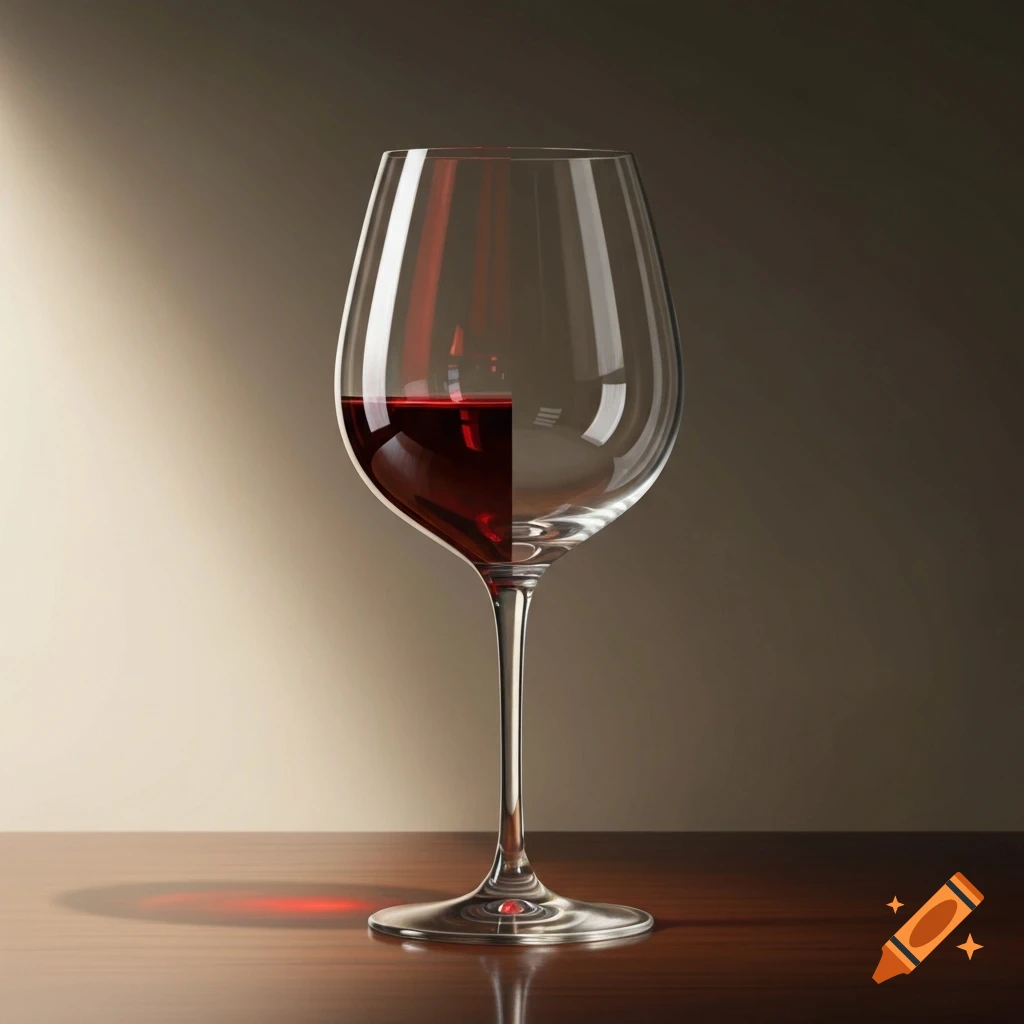 Photorealistic wine glass on a wooden table, half-full with red wine on the left, empty on the right.