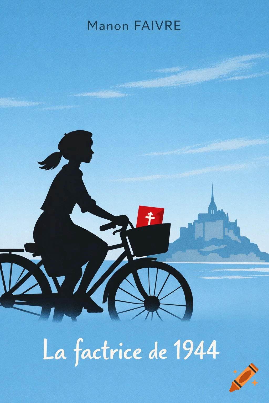 Minimalist book cover: woman on a bicycle silhouette, red rectangle with Cross of Lorraine, Mont Saint-Michel in background, with text 'Manon FAIVRE' and 'La factrice de 1944'.