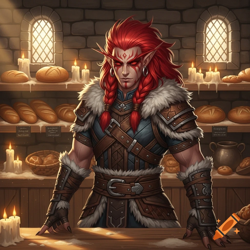 A red-haired barbarian elf with red facial markings and pointed ears stands in a rustic bakery amidst loaves of bread and flickering candles.
