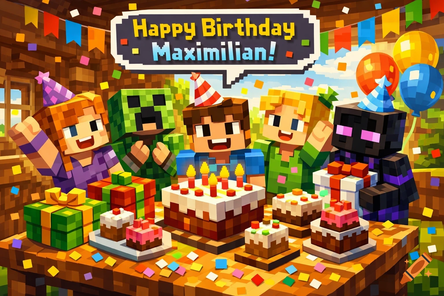 Minecraft characters celebrate a birthday with cake, presents, balloons, and confetti, featuring a 'Happy Birthday Maximilian!' banner.