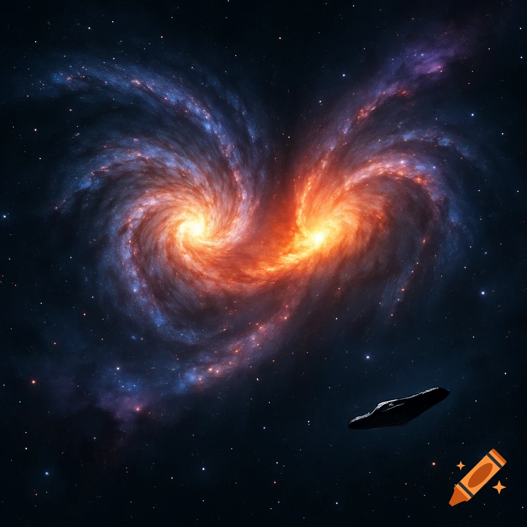 Two fiery orange and blue spiral galaxies collide in a star-filled space, with a dark spaceship in the foreground.