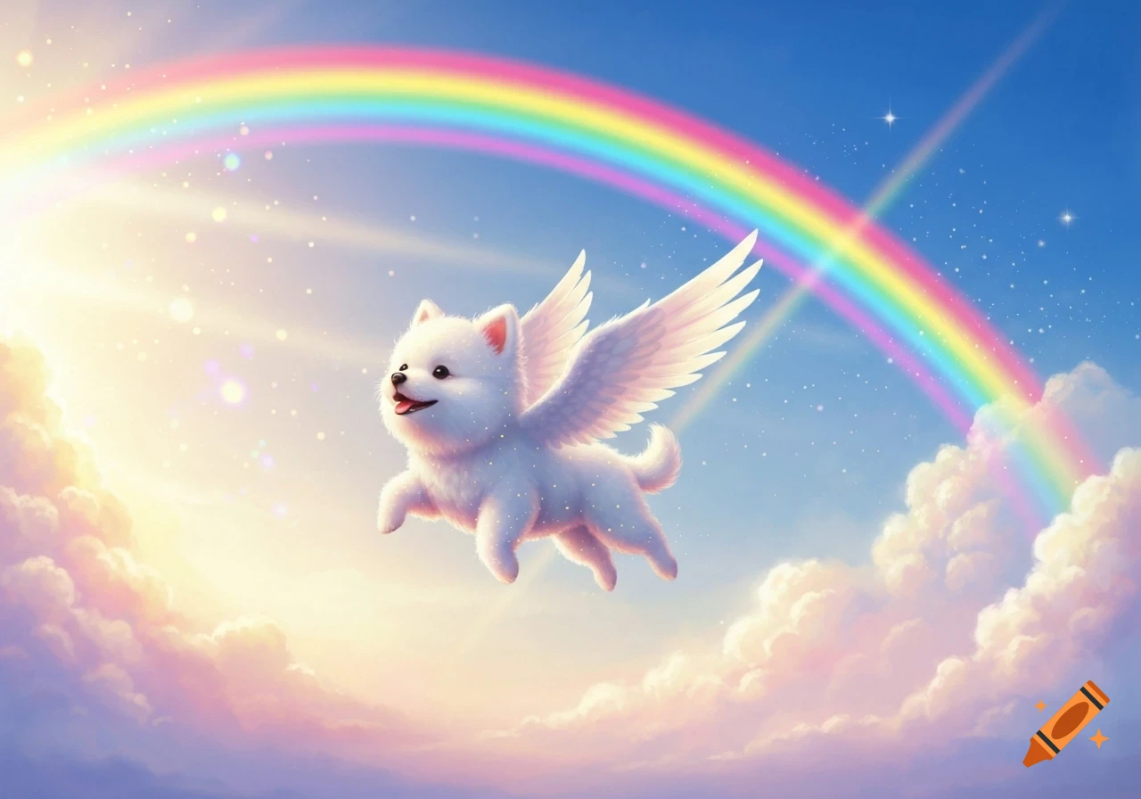 A fluffy white dog with wings flies joyfully in a bright blue sky with a colorful rainbow and soft clouds.