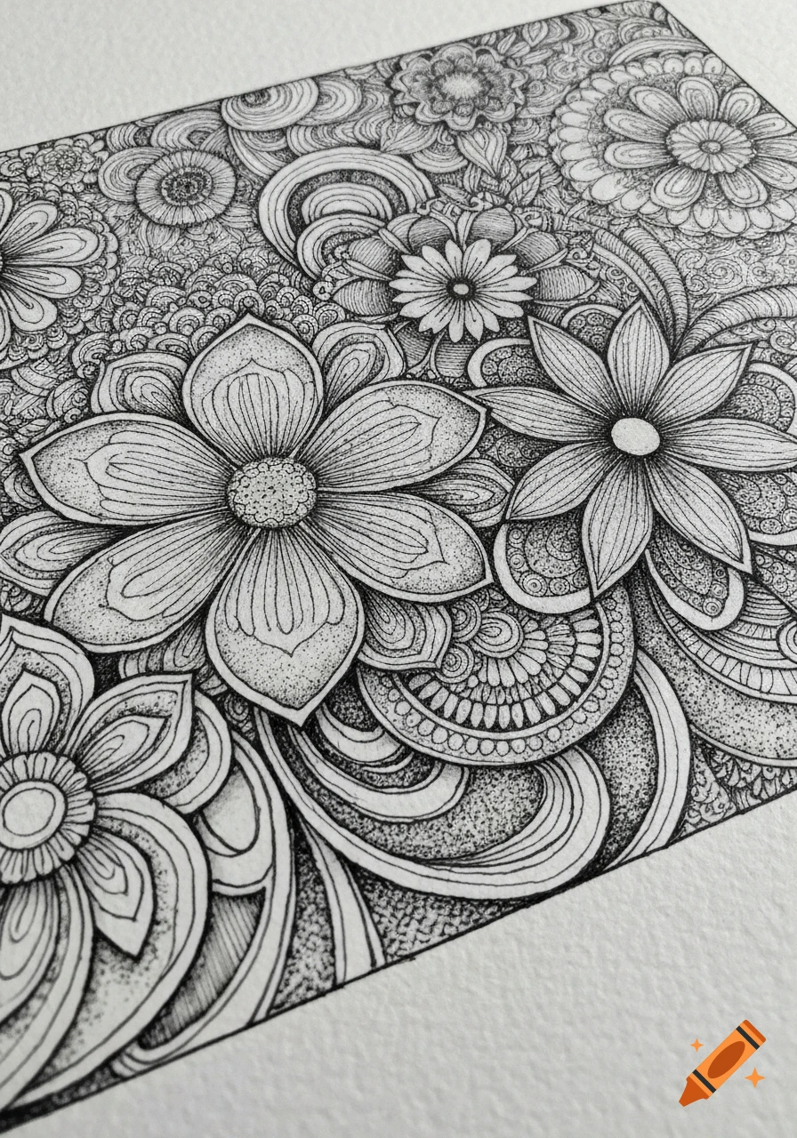 A detailed black and white Zentangle drawing featuring intricate floral patterns, swirls, and stippling on a light background.