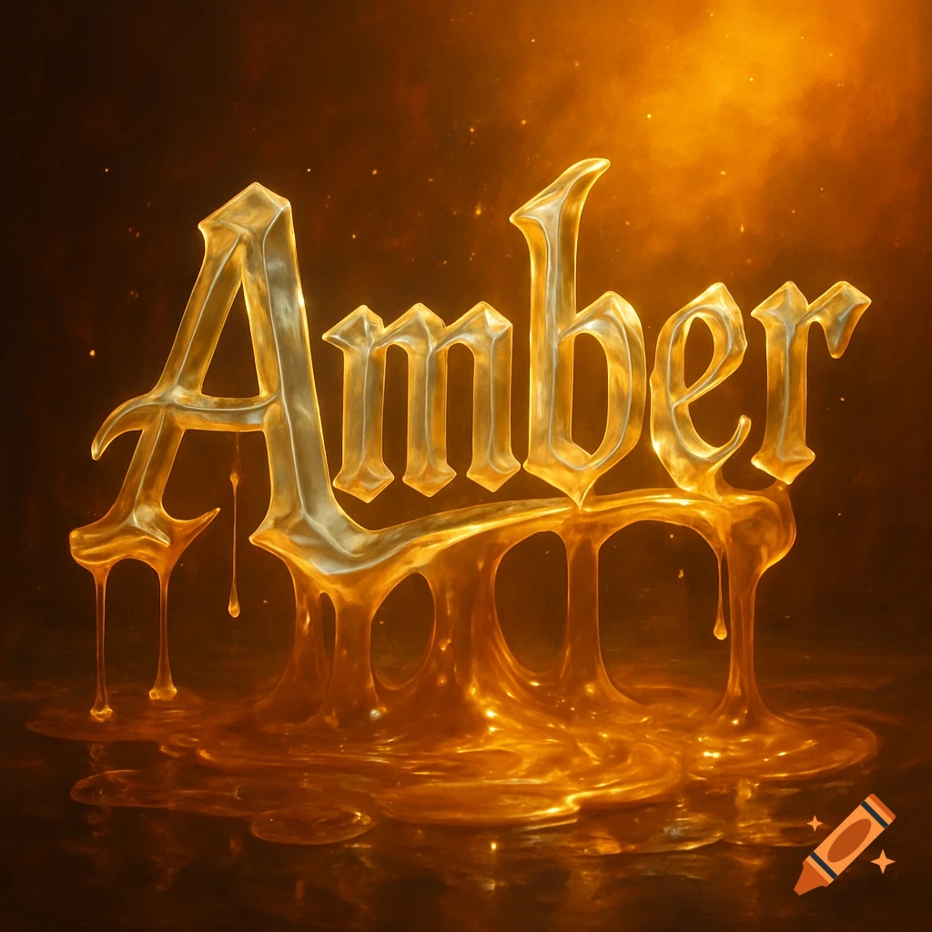 Shiny golden 3D text "Amber" melting and dripping onto a dark surface, with glowing particles in the background.
