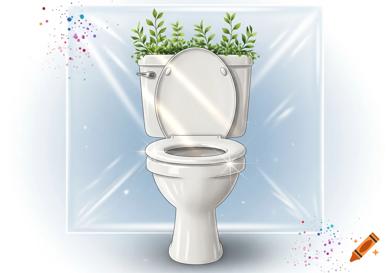 A clean, sparkling white toilet with green plants growing out of its tank, set against a light blue background.