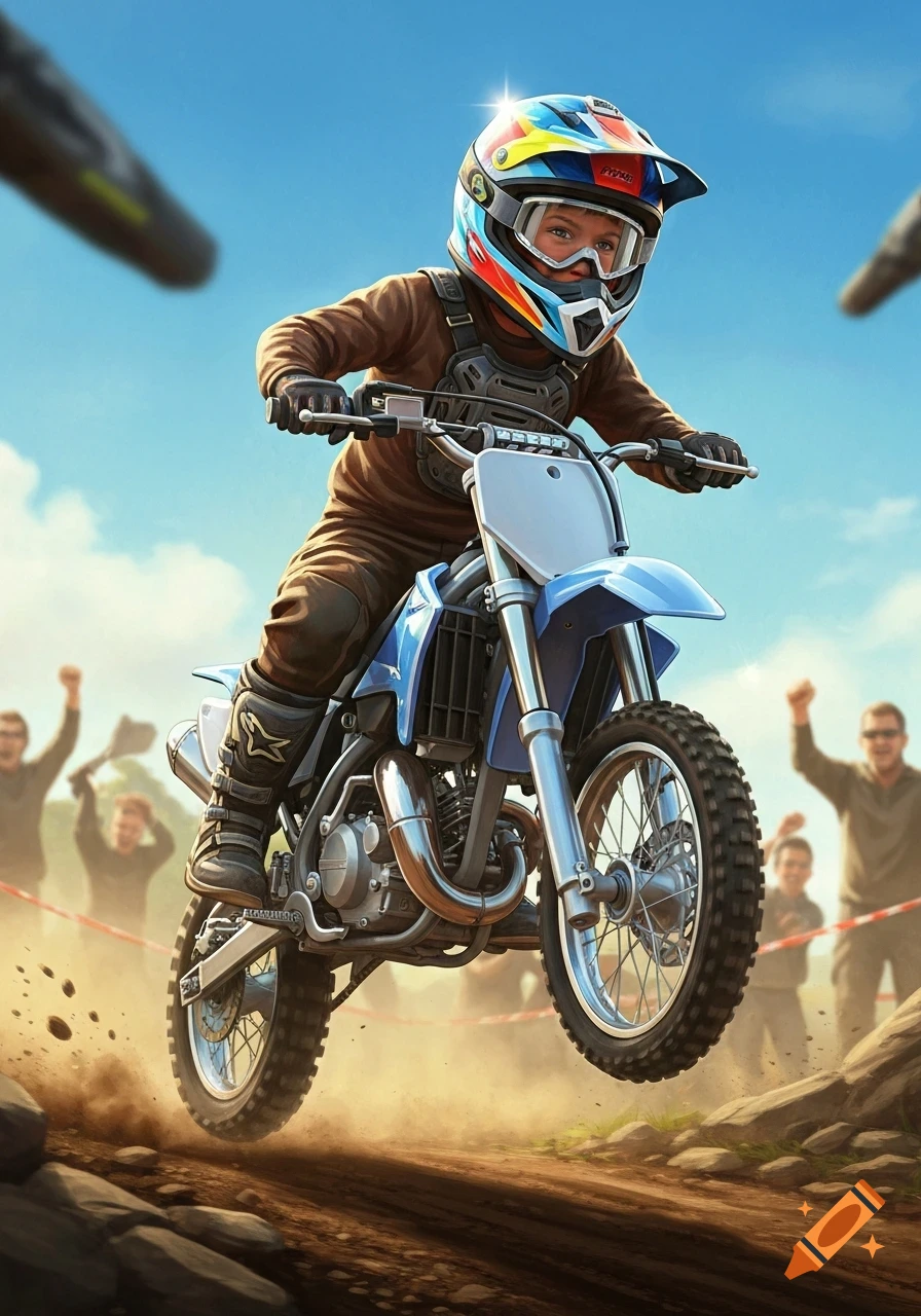 A young child in a colorful helmet and brown racing gear rides a blue dirt bike mid-air over a dirt track, with blurred spectators in the background under a bright blue sky.