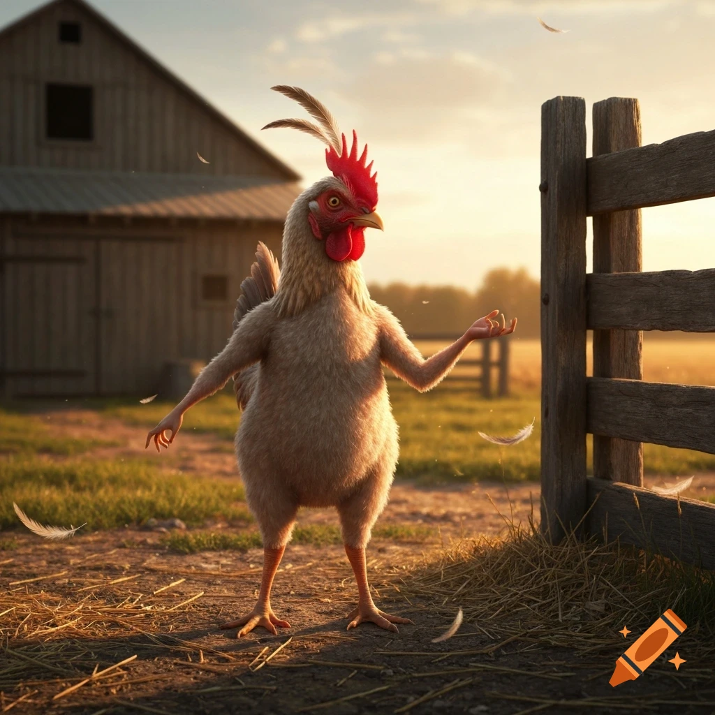 A photorealistic anthropomorphic chicken with human arms and legs stands upright on a farm at sunset, near a wooden fence and barn.