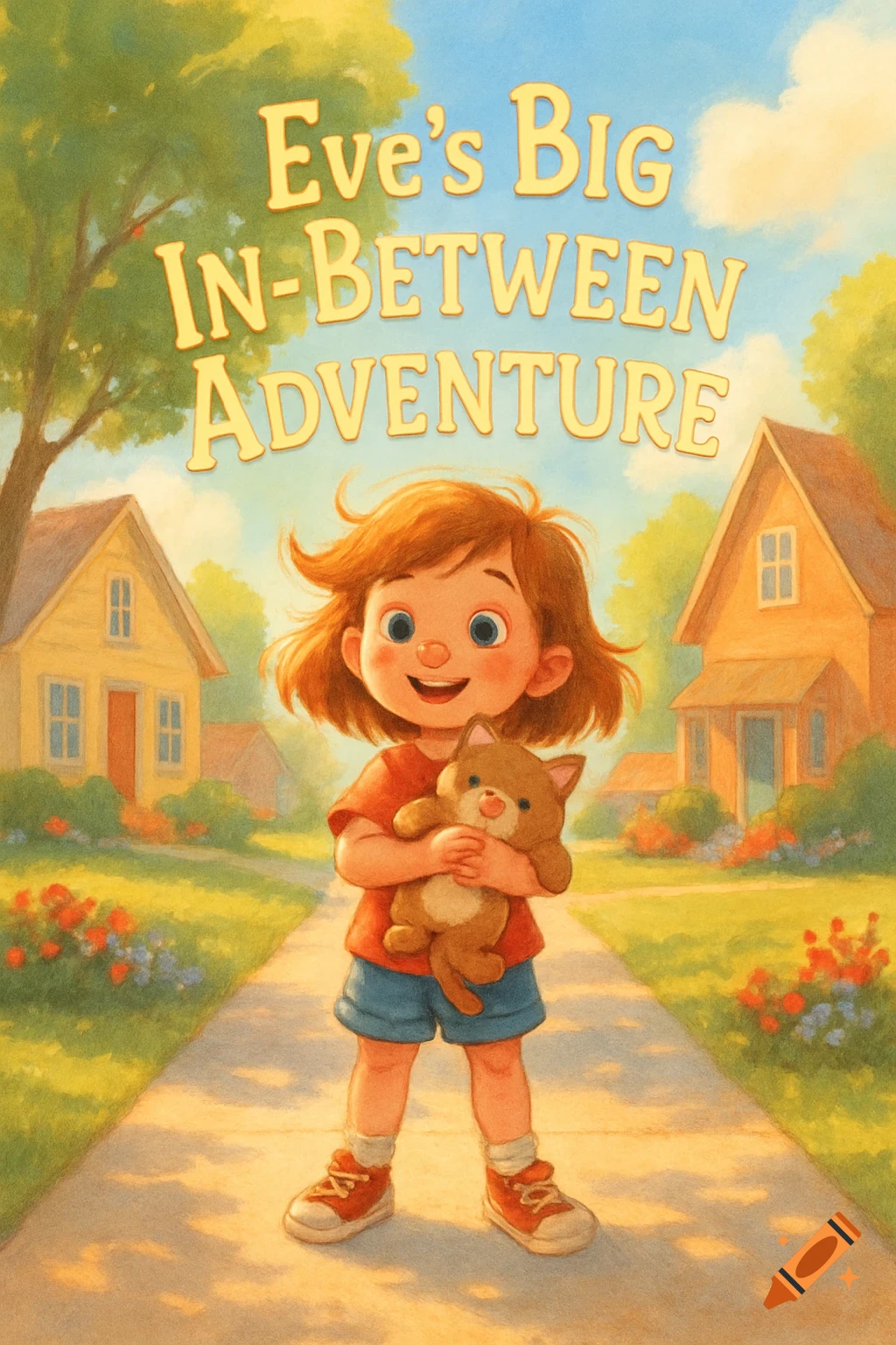 A smiling cartoon girl holds a stuffed cat on a sunny neighborhood path, with the title 'Eve's Big In-Between Adventure' above.