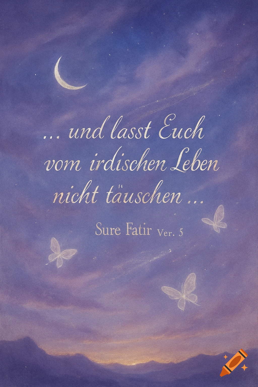 A dreamy painting of a twilight sky with a crescent moon, stars, butterflies, and mountains below. German text is centered in the sky.