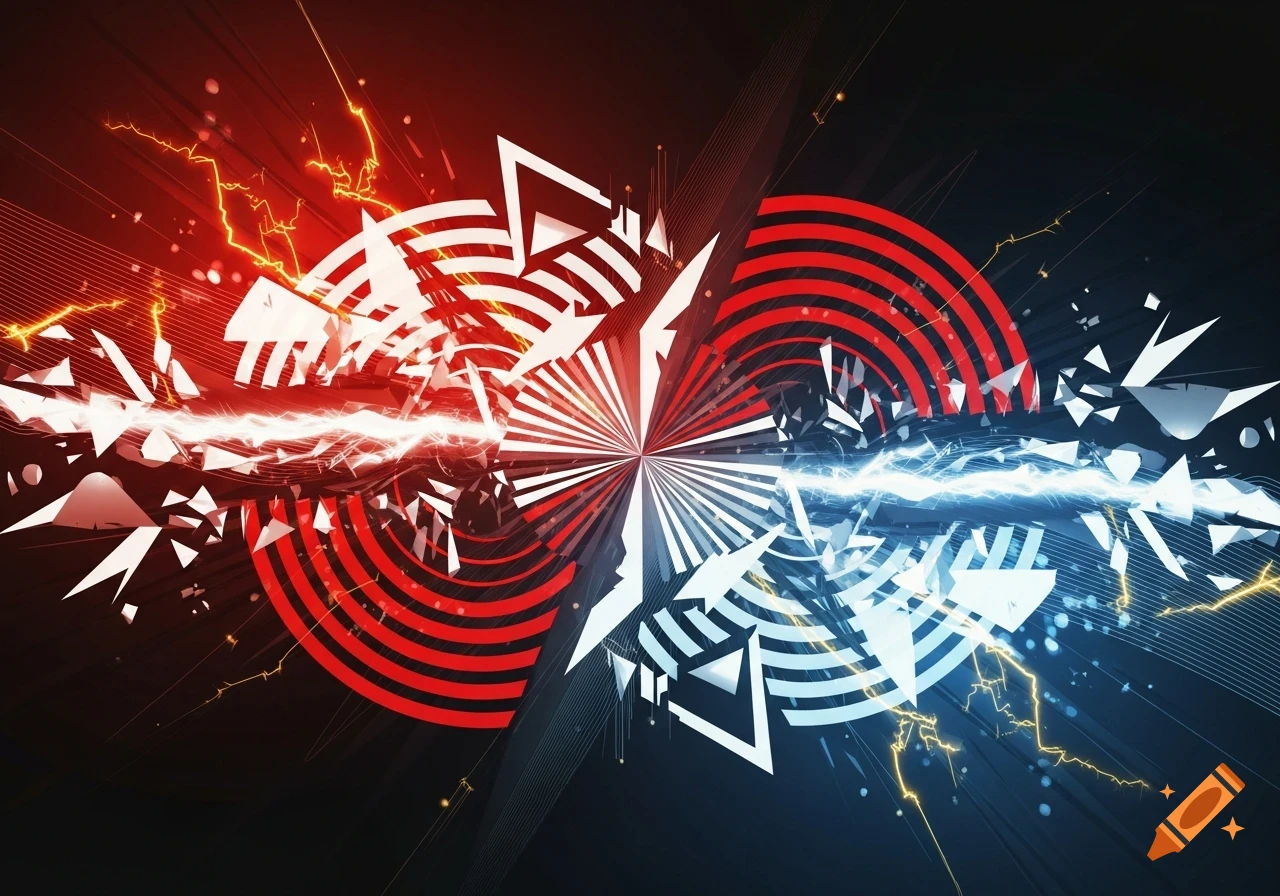 Abstract art of a split scene with red and blue elements, lightning bolts, and shattered geometric shapes meeting in the center.