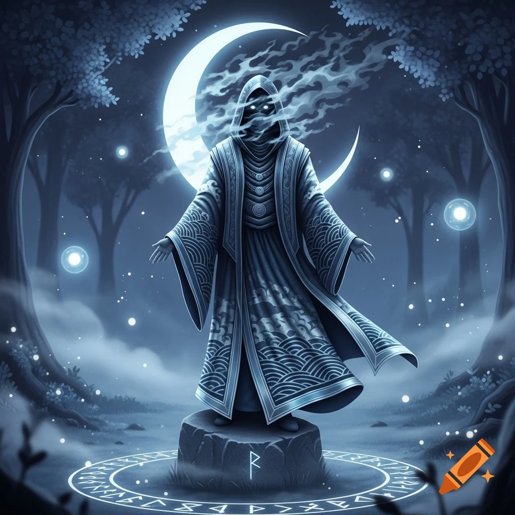 A hooded figure with glowing eyes, shrouded in smoke, stands on a rock in a dark, misty forest under a crescent moon, surrounded by glowing runes.