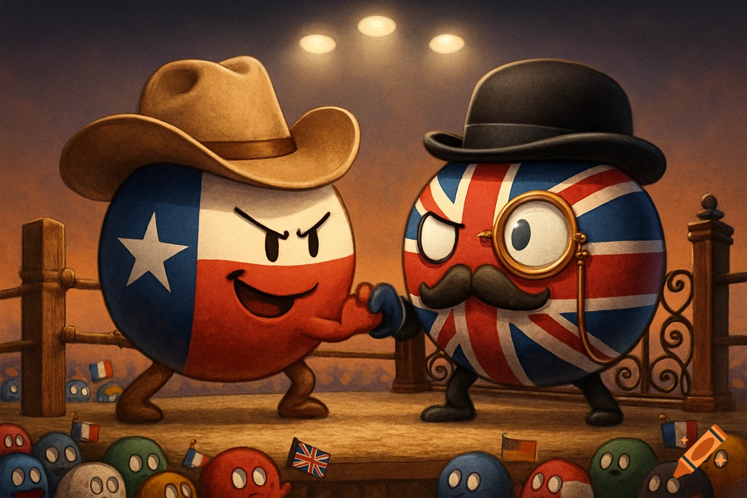 A cartoon Texas countryball in a cowboy hat and a UK countryball in a bowler hat and monocle shake hands in a boxing ring.