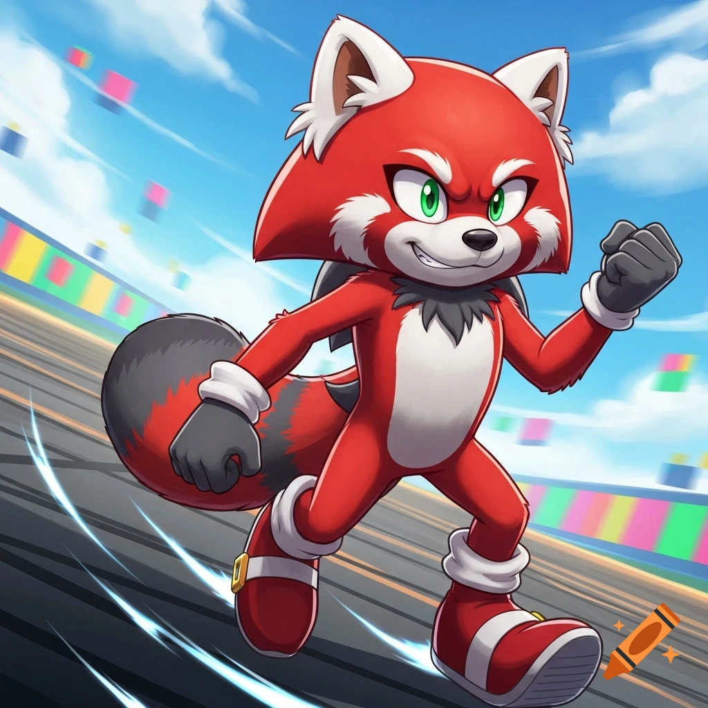 A red anthropomorphic red panda character with green eyes, running on a race track in a dynamic, Sonic-style cartoon.
