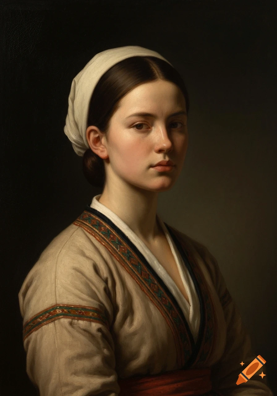 Oil painting portrait of a young woman in traditional clothing and a white headscarf, looking calm against a dark background.