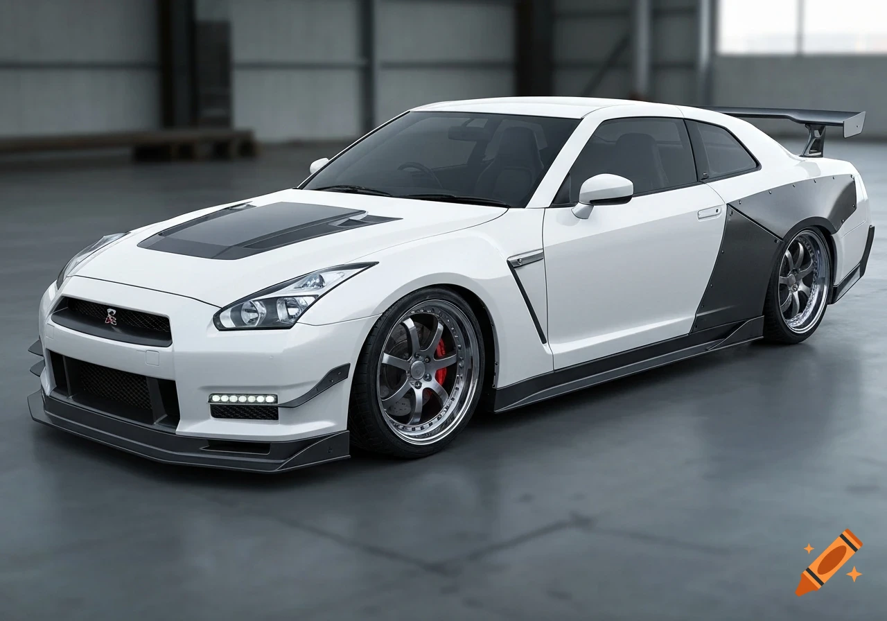 A white Nissan Skyline R35 GTR sports car with a black hood and widebody modifications, featuring a large rear wing and deep-dish chrome wheels, parked in a warehouse.
