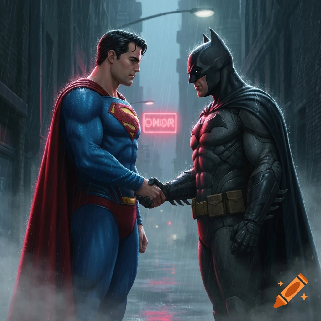 Superman and Batman shake hands on a rainy, dark city street under a neon sign, in a detailed comic book art style.