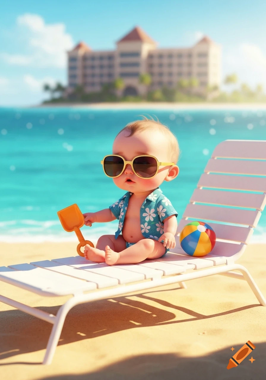 Cartoon baby in sunglasses and Hawaiian shirt on a beach chair with a shovel and beach ball at a sunny resort.