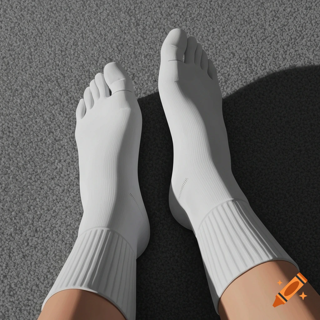Top-down view of two feet wearing white ankle socks on a gray carpet, rendered in a smooth, illustrative style.