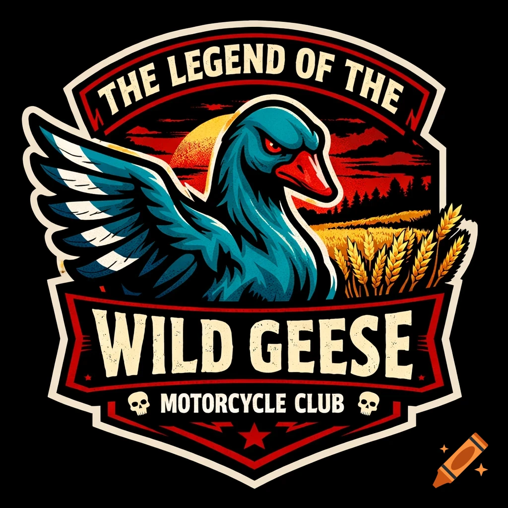 A vibrant logo featuring a teal blue goose with red eyes in a golden wheat field, with text "THE LEGEND OF THE WILD GEESE MOTORCYCLE CLUB".