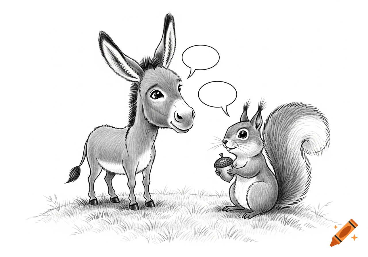 A black and white pencil sketch illustration of a cute donkey and a squirrel holding an acorn, standing on grass with empty speech bubbles.