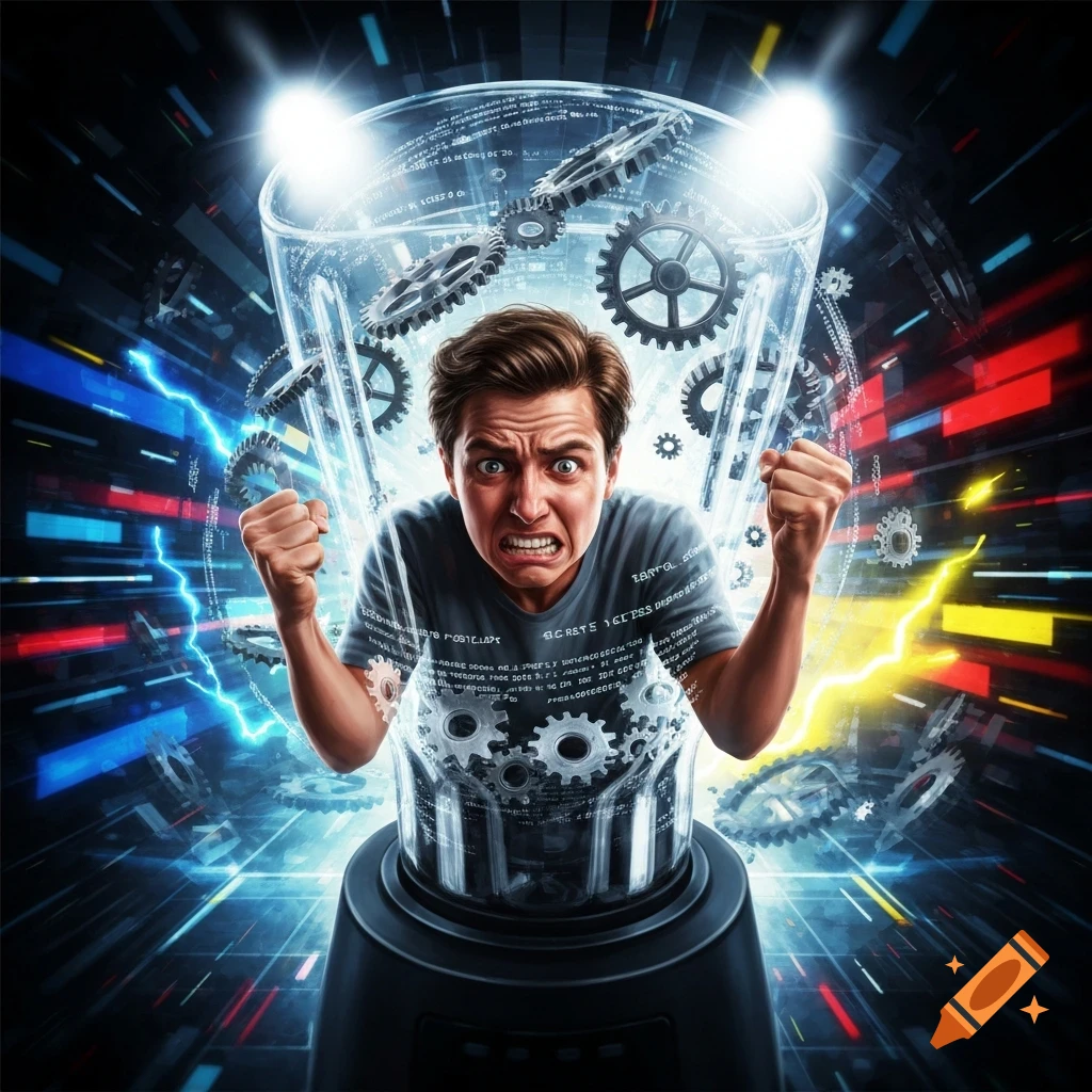 A man with a distressed expression is trapped inside a glass blender with gears and glowing digital data swirling around him.