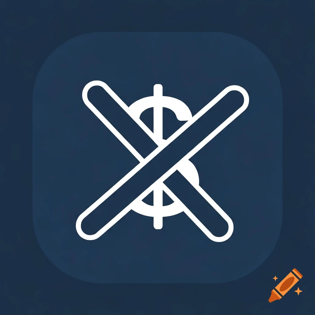 A white dollar sign symbol crossed out by two thick white diagonal bars, all within a dark blue rounded square.