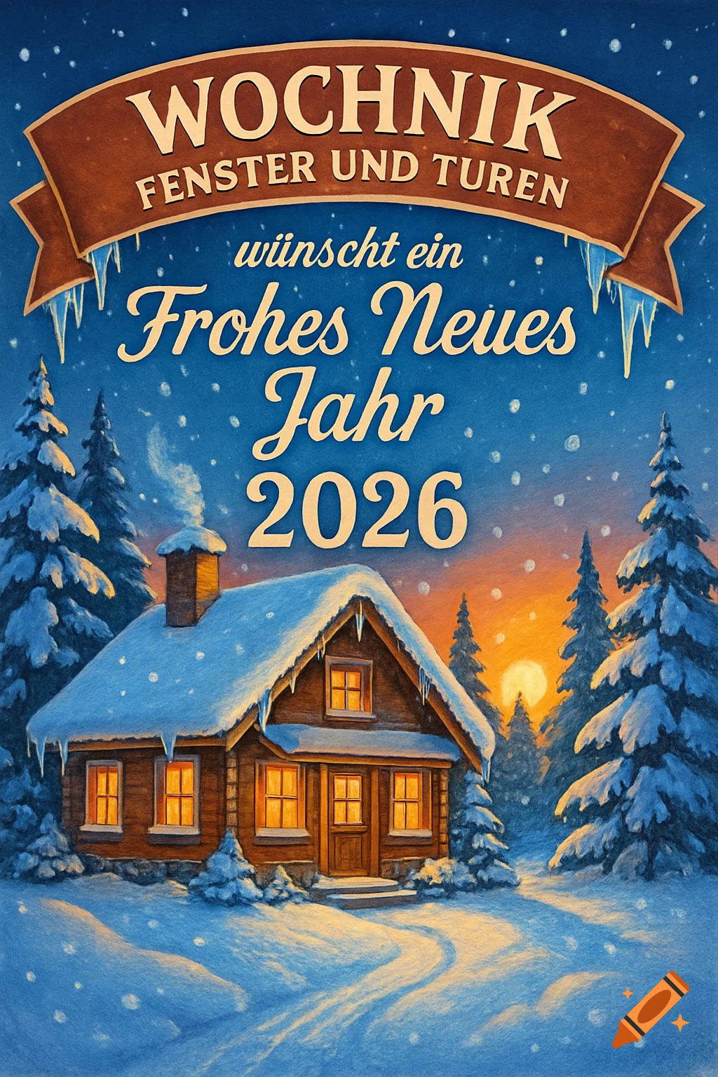 Stylized illustration of a snowy cabin at sunset with pine trees and text wishing a Happy New Year 2026.