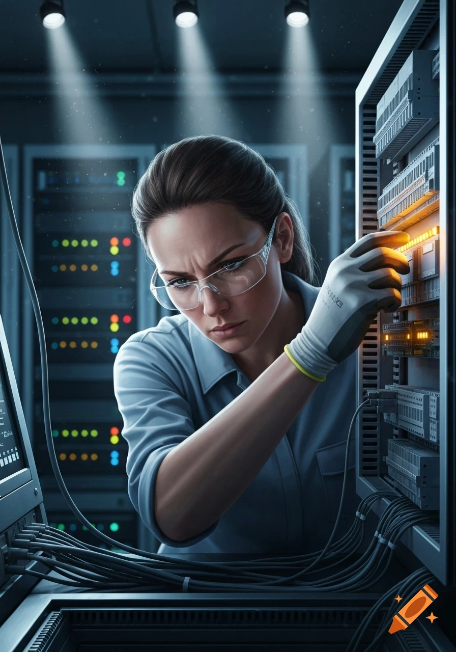 A focused woman in safety glasses and gloves works on server racks in a dimly lit data center, connecting cables.