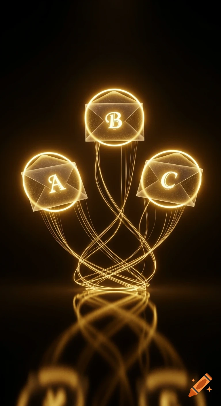 Three glowing, ethereal envelopes with the letters A, B, and C, connected by swirling golden light lines against a dark background, reflecting below.