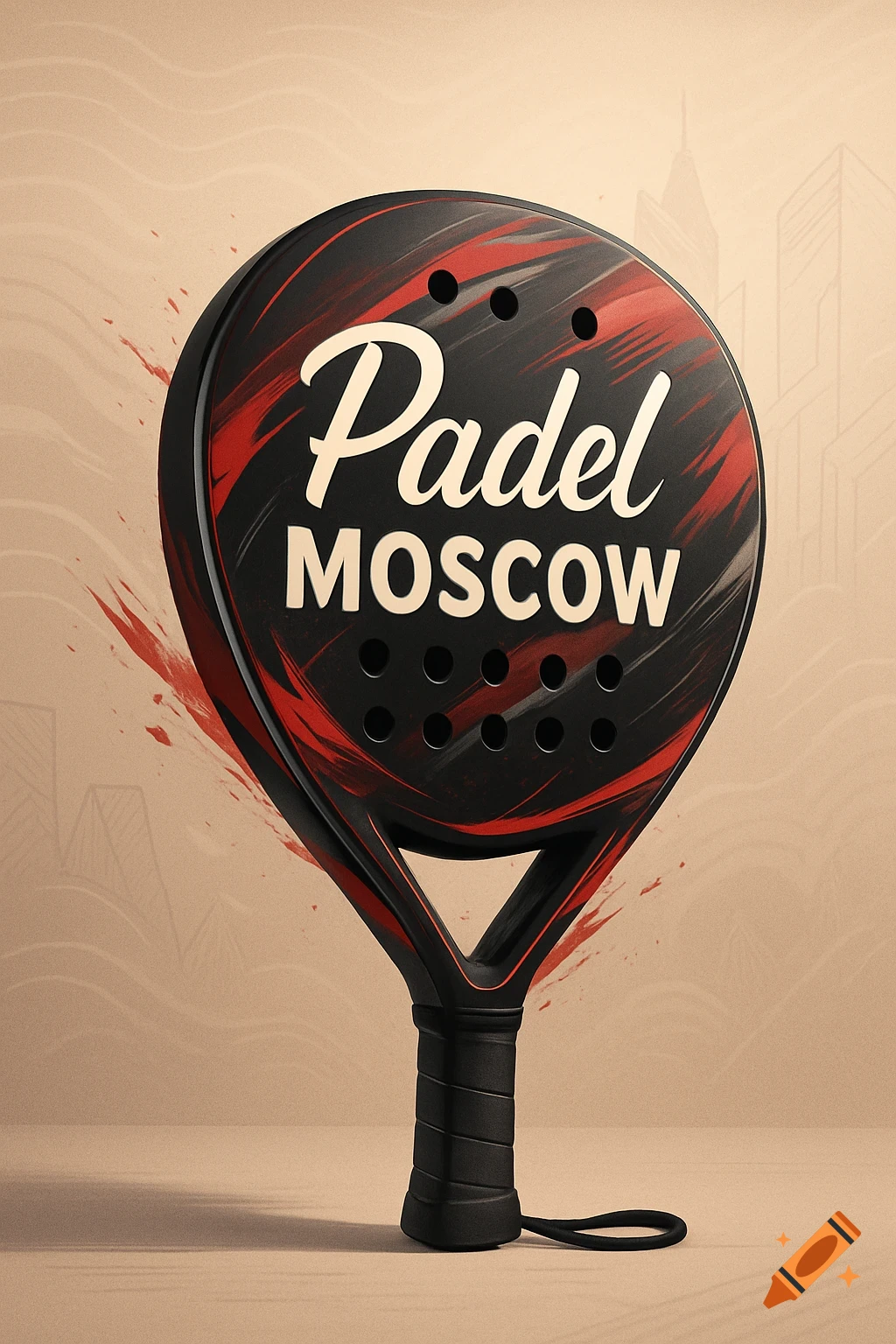 A black and red padel racket with 'Padel MOSCOW' text, on a light brown background with subtle city outlines. Illustration.