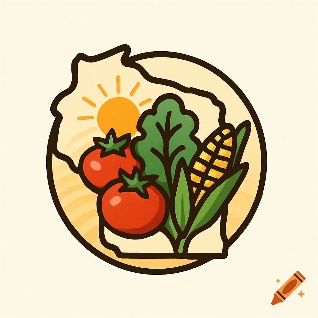 Stylized logo for Wisconsin agriculture featuring the state outline, sun, two tomatoes, leafy greens, and an ear of corn in a circular frame.