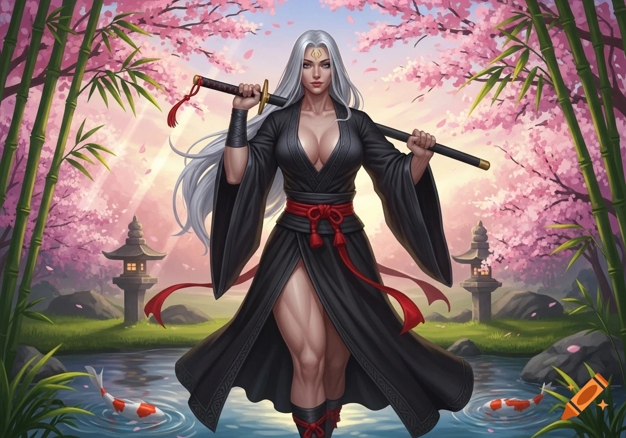 A muscular woman with long silver hair in a black kimono holds a katana in a Japanese garden with cherry blossoms, bamboo, and koi fish.