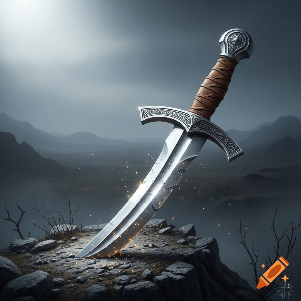 A large, ornate, bent sword with a leather-wrapped hilt stands plunged into a rocky outcrop under a dramatic, overcast sky.