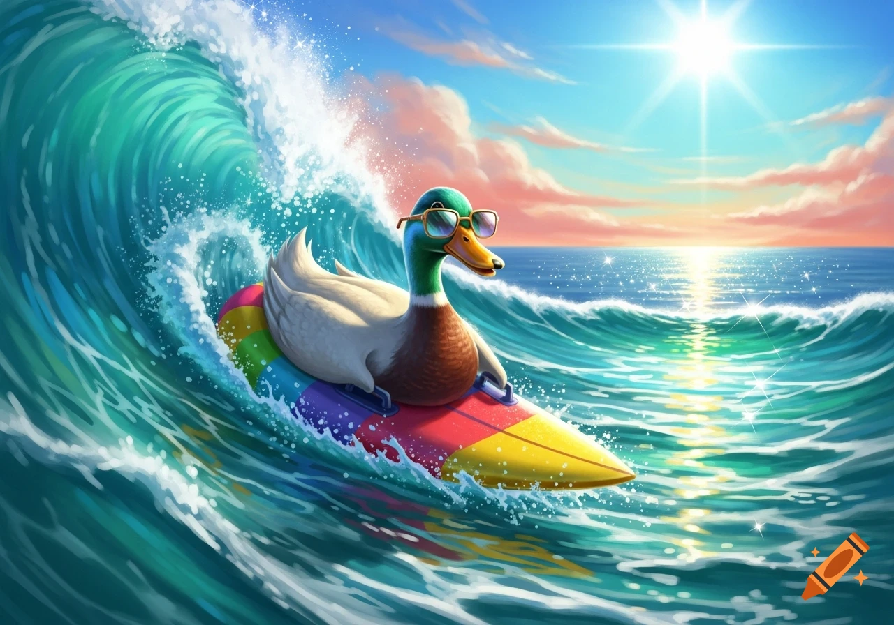 A cartoon mallard duck wearing sunglasses surfs a large ocean wave on a rainbow-colored board under a bright, sunny sky.