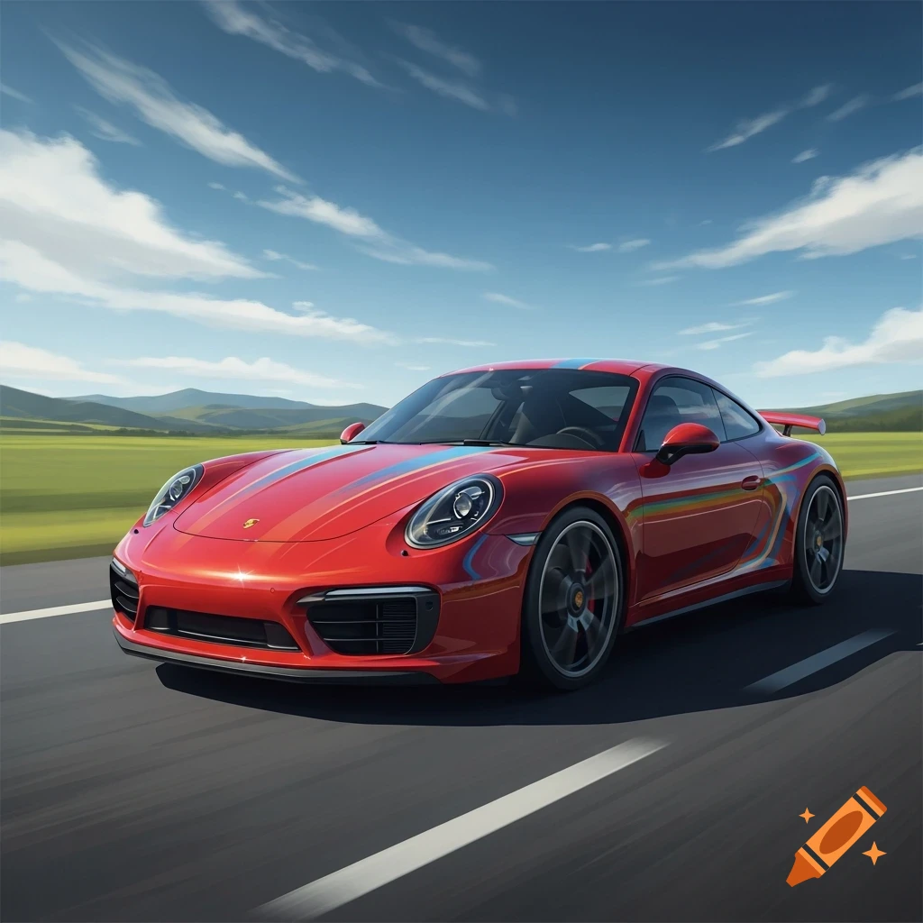 A red Porsche sports car with blue and red stripes drives on a highway through a green landscape under a blue sky.