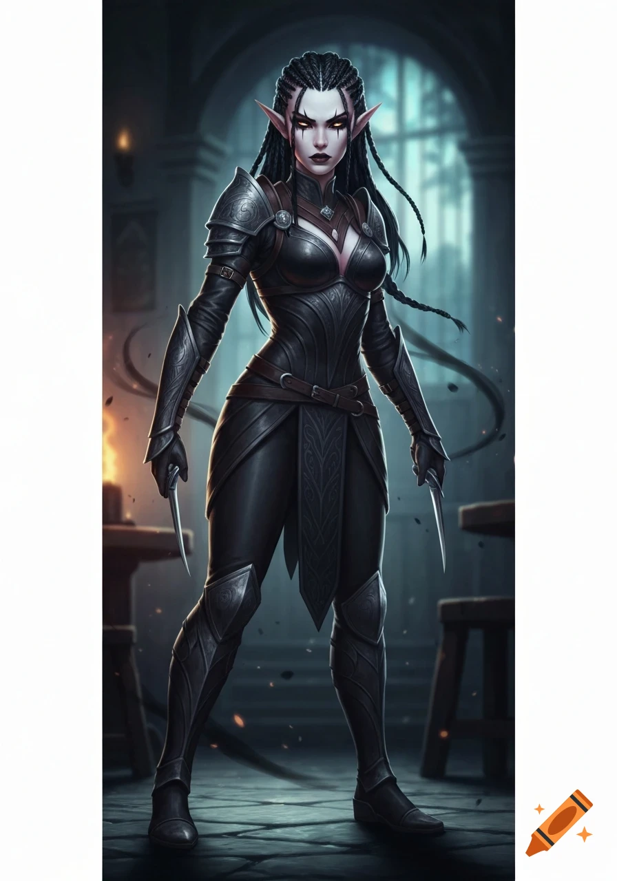 A full-length portrait of a pale-skinned female half-elf rogue with black braided hair and dark eyes, wearing black fantasy armor and holding daggers.