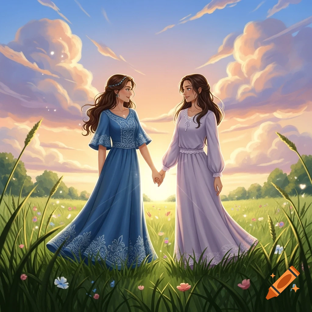 Two women in flowing dresses hold hands in a sunlit meadow with wildflowers, against a beautiful sunset sky, in an illustration.