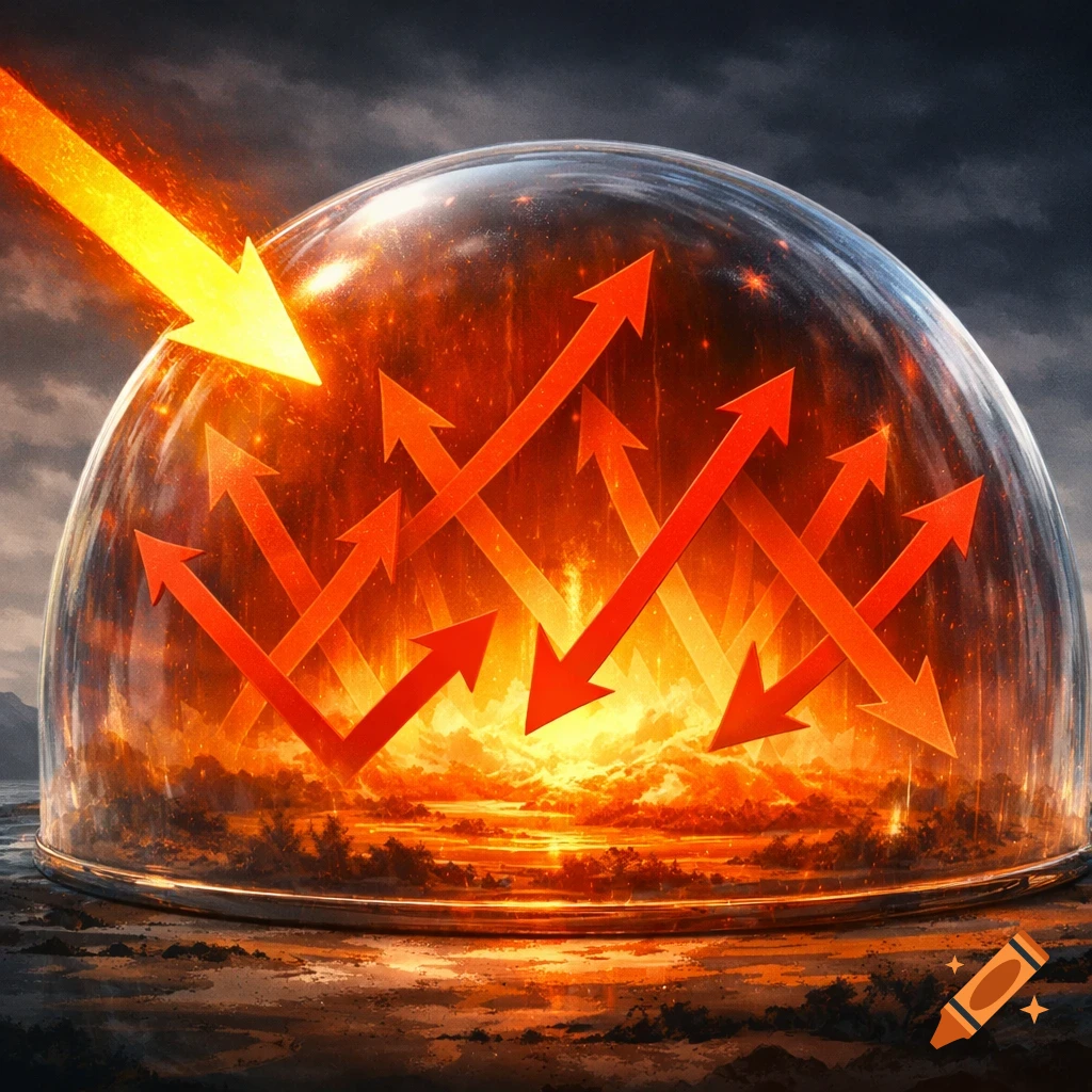 A glass dome trapping fiery energy, with a yellow arrow hitting it and red arrows reflecting inside, set against a dark, stormy sky and desolate landscape.
